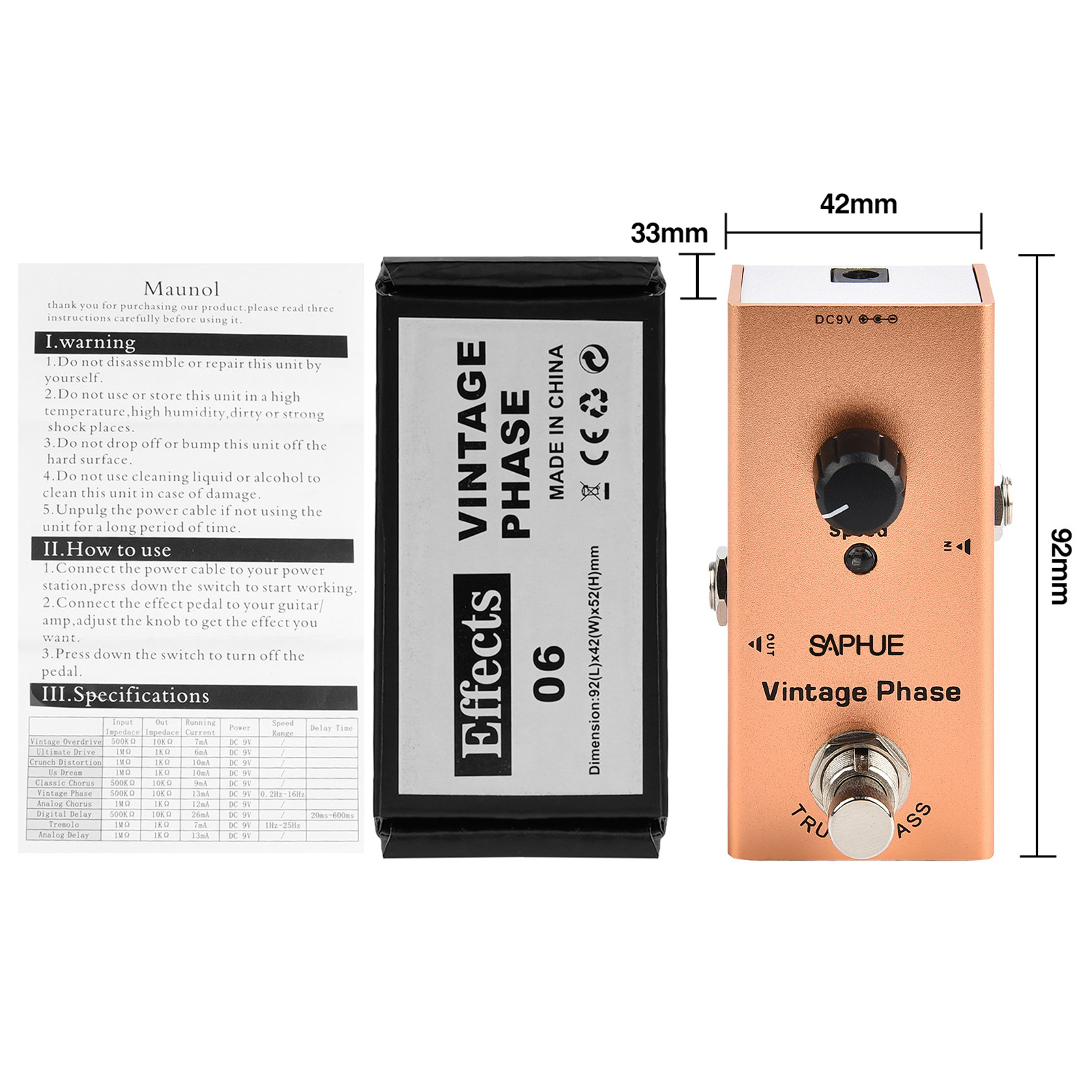 Electric Guitar Effect Pedal Vintage Phase Single True Bypass Aluminum