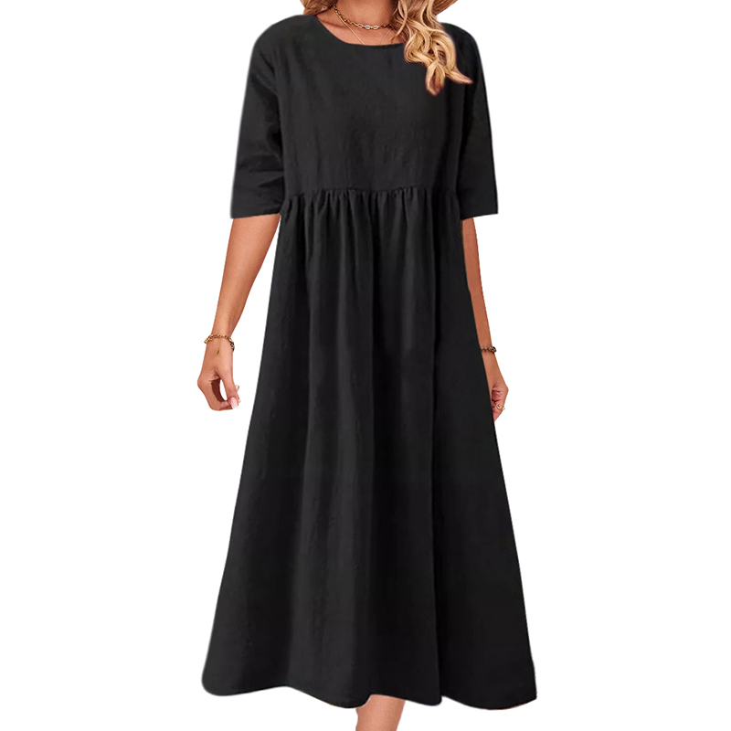 Womens Short Sleeve Plain Midi Dress Ladies Casual Baggy Pleated Swing Dresses