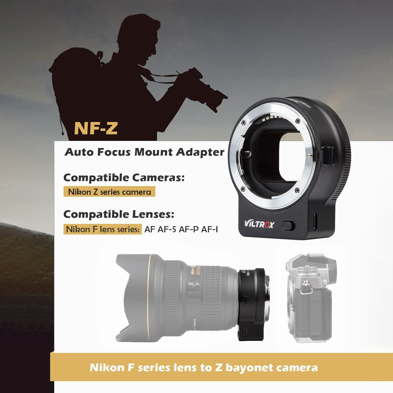 VILTROX NF-Z Auto-Focus Lens Adapter Ring For Nikon F Lens To Z